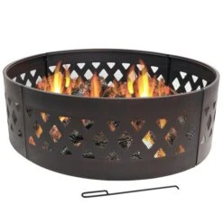 Sunnydaze 36 Inch Black Steel Crossweave Cutout Portable Outdoor Wood Burning Fire Pit Ring
