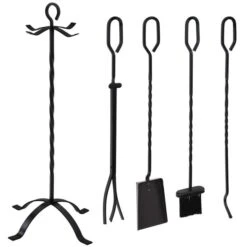 Sunnydaze Black Powder Coated Steel Five Piece Fireplace Tool Set With Stand